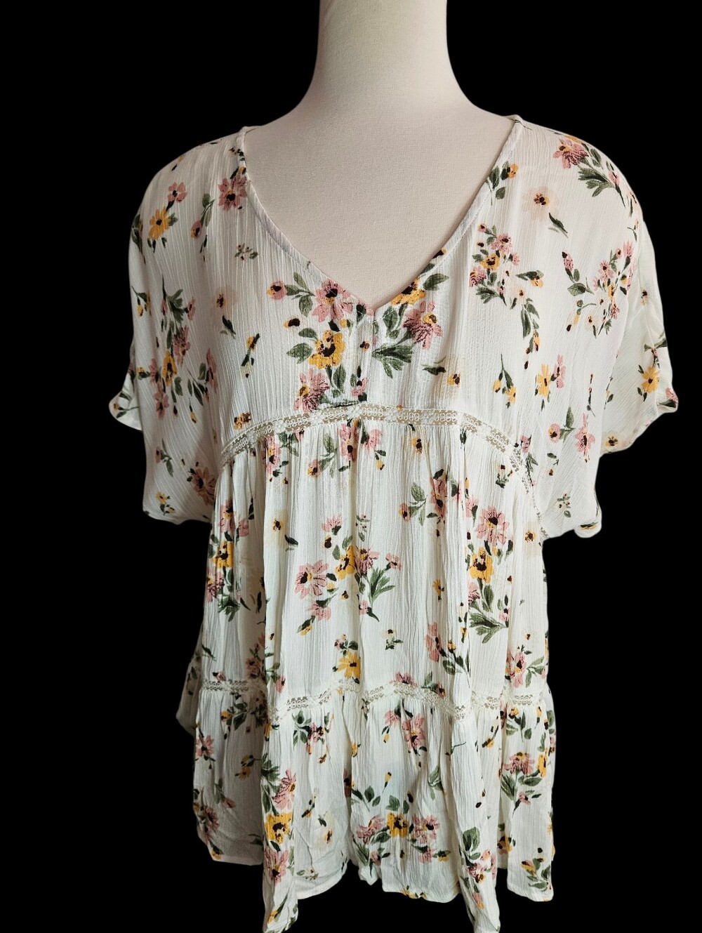 Beaitiful ODDY Floral V-Neck Ruffle Babydoll Top-Ivory/Pink/Yellow/Green, Large